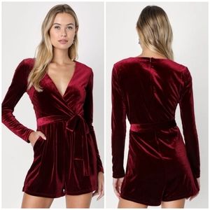 Lulus Romantic Moves Burgundy Velvet Long Sleeve Romper